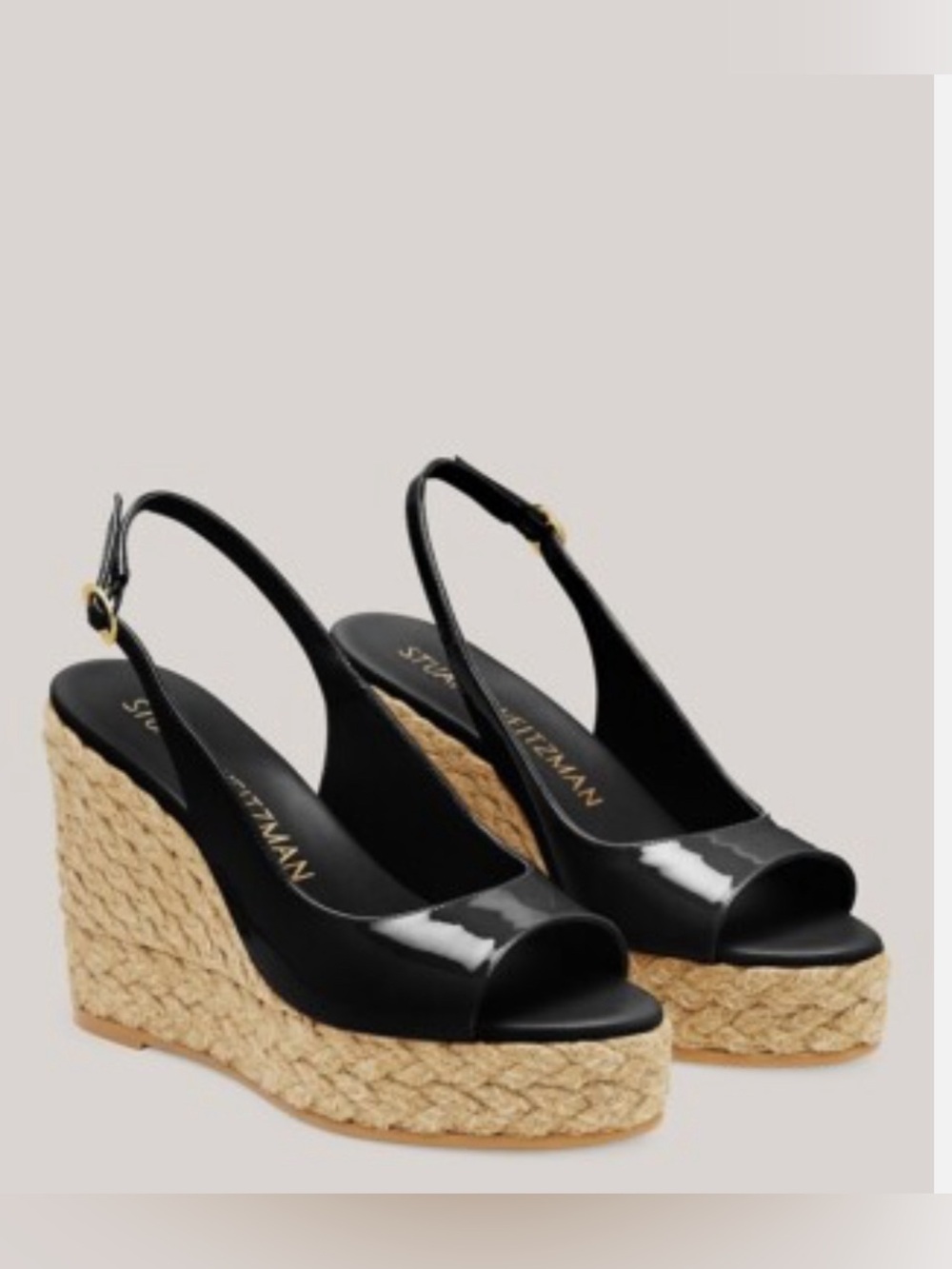 Stuart Weitzman Black Patent Espadrille Wedge Slingbacks